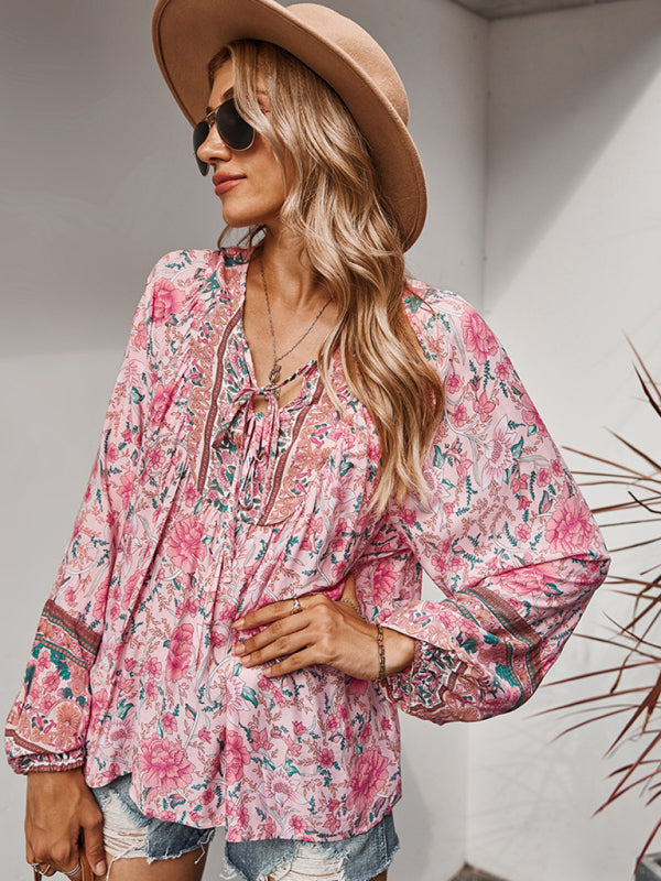 Blouses- Spring Blossom Lantern Sleeve Floral Tunic Blouse- Pink- IndioGear Clothing and Gear