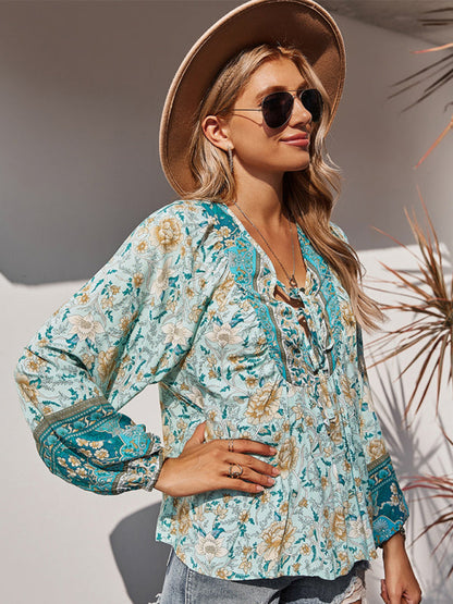 Blouses- Spring Blossom Lantern Sleeve Floral Tunic Blouse- Blue- IndioGear Clothing and Gear