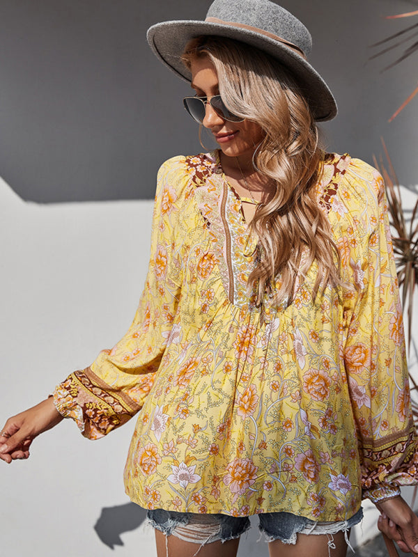 Blouses- Spring Blossom Lantern Sleeve Floral Tunic Blouse- - IndioGear Clothing and Gear