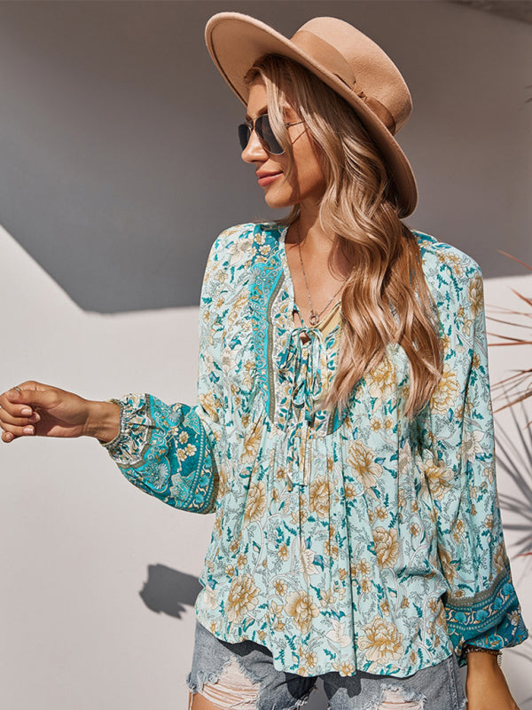 Blouses- Spring Blossom Lantern Sleeve Floral Tunic Blouse- - IndioGear Clothing and Gear