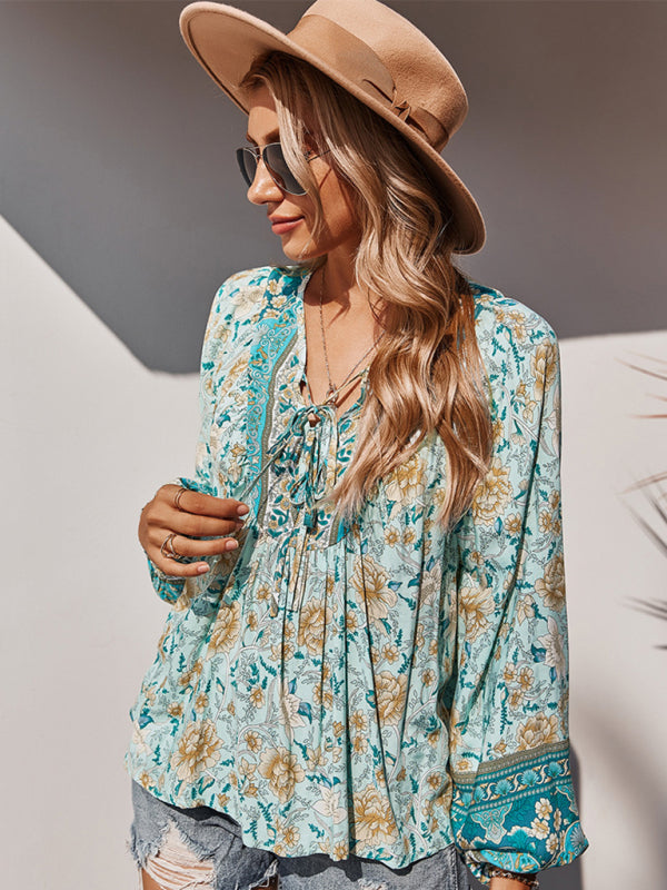 Blouses- Spring Blossom Lantern Sleeve Floral Tunic Blouse- - IndioGear Clothing and Gear