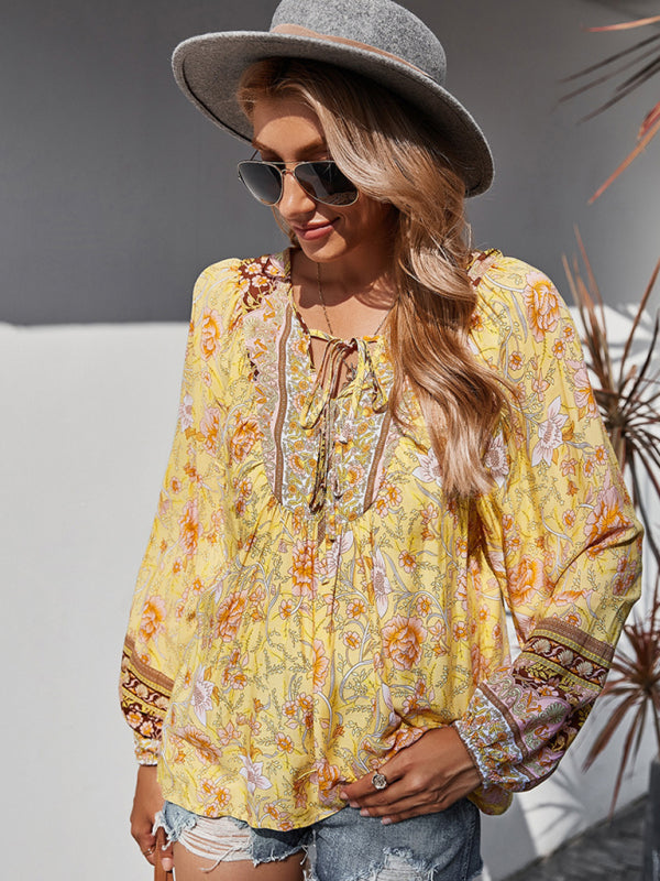 Blouses- Spring Blossom Lantern Sleeve Floral Tunic Blouse- - IndioGear Clothing and Gear