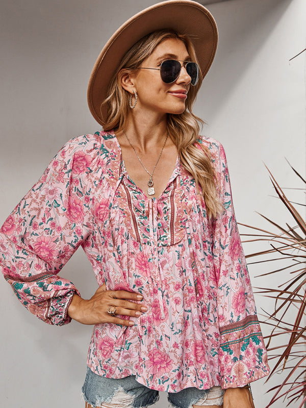 Blouses- Spring Blossom Lantern Sleeve Floral Tunic Blouse- - IndioGear Clothing and Gear