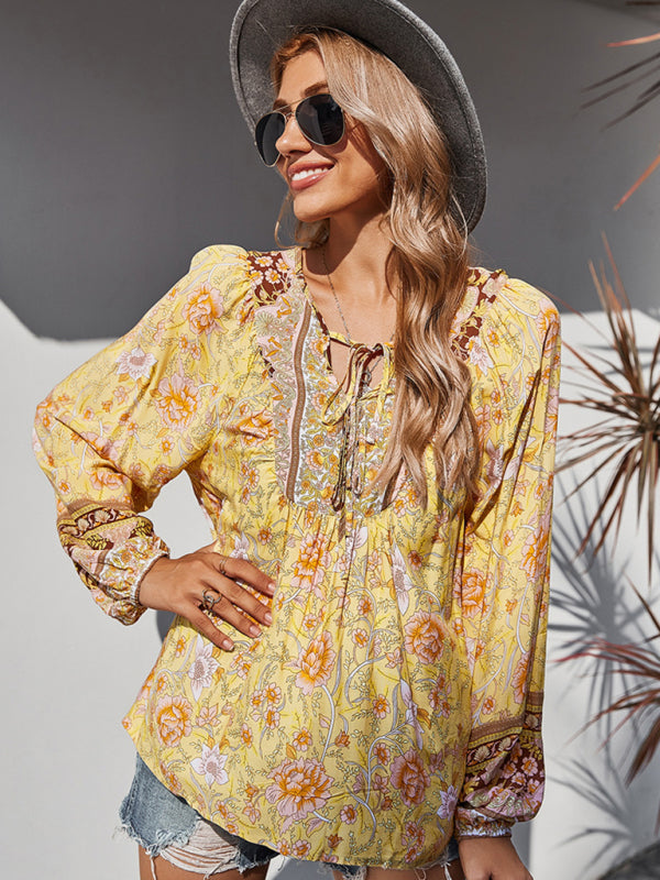 Blouses- Spring Blossom Lantern Sleeve Floral Tunic Blouse- Yellow- IndioGear Clothing and Gear