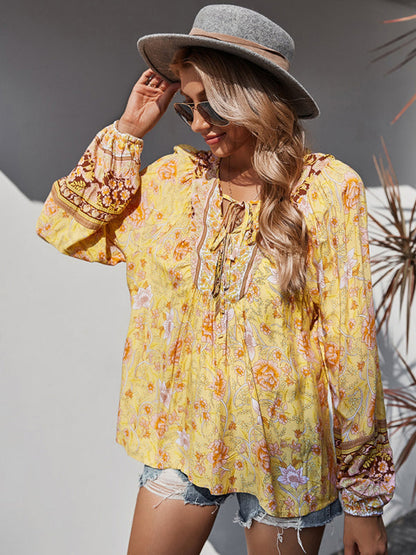 Blouses- Spring Blossom Lantern Sleeve Floral Tunic Blouse- - IndioGear Clothing and Gear