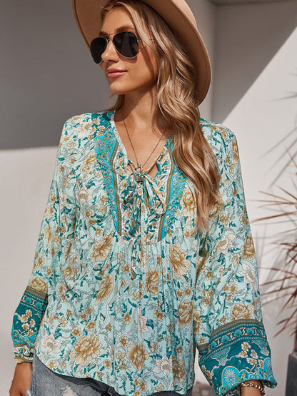 Blouses- Spring Blossom Lantern Sleeve Floral Tunic Blouse- - IndioGear Clothing and Gear