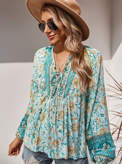 Blouses- Spring Blossom Lantern Sleeve Floral Tunic Blouse- - IndioGear Clothing and Gear