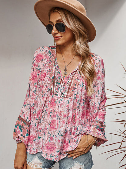 Blouses- Spring Blossom Lantern Sleeve Floral Tunic Blouse- - IndioGear Clothing and Gear