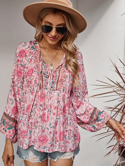 Blouses- Spring Blossom Lantern Sleeve Floral Tunic Blouse- - IndioGear Clothing and Gear