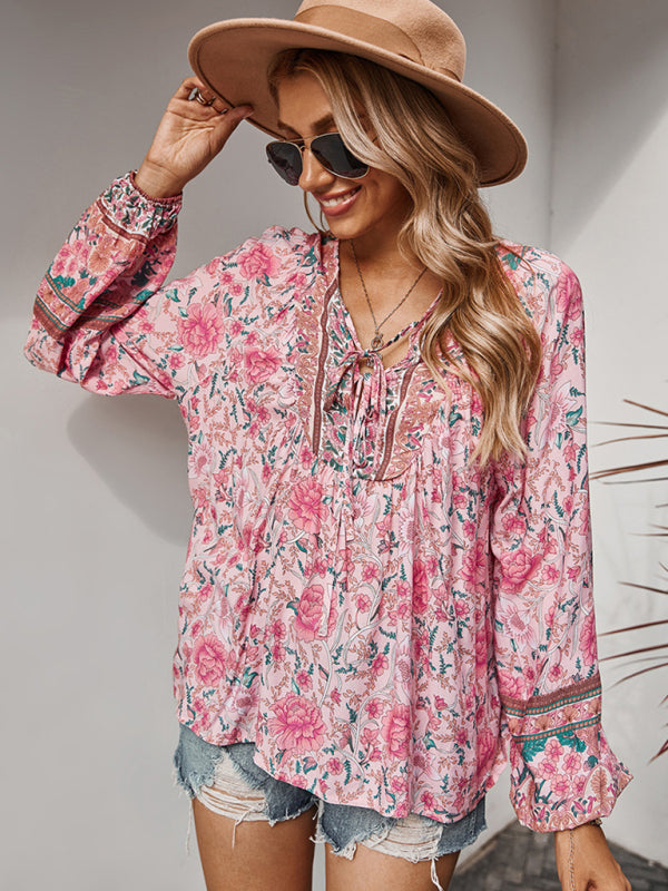 Blouses- Spring Blossom Lantern Sleeve Floral Tunic Blouse- - IndioGear Clothing and Gear