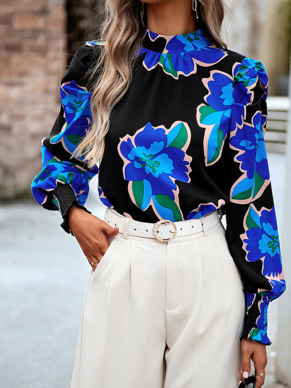 Blouses- Stand Collar Bow-Back Top | Floral Print and Long Puff Sleeves Blouse- Black- IndioGear Fashion and Gear