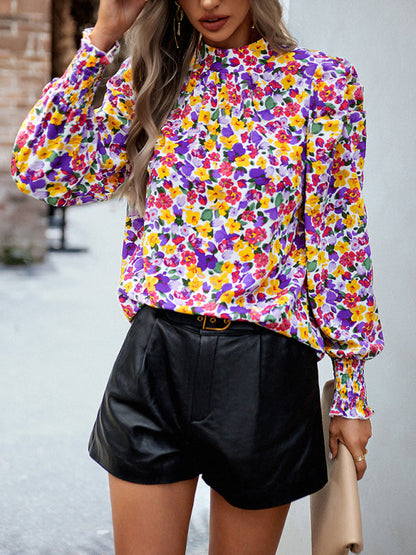 Blouses- Stand Collar Bow-Back Top | Floral Print and Long Puff Sleeves Blouse- Purple- IndioGear Fashion and Gear