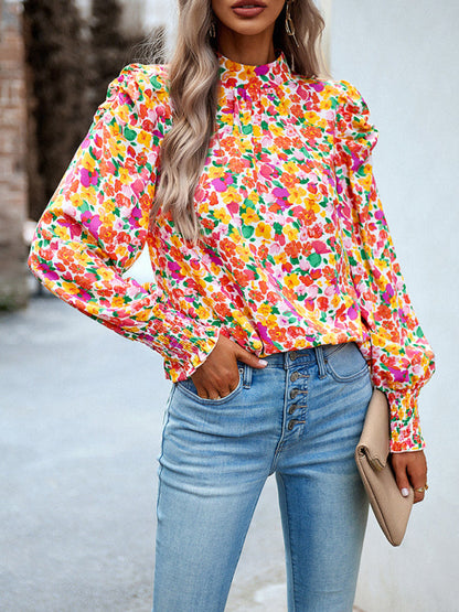 Blouses- Stand Collar Bow-Back Top | Floral Print and Long Puff Sleeves Blouse- - IndioGear Fashion and Gear