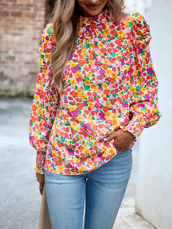 Blouses- Stand Collar Bow-Back Top | Floral Print and Long Puff Sleeves Blouse- - IndioGear Fashion and Gear