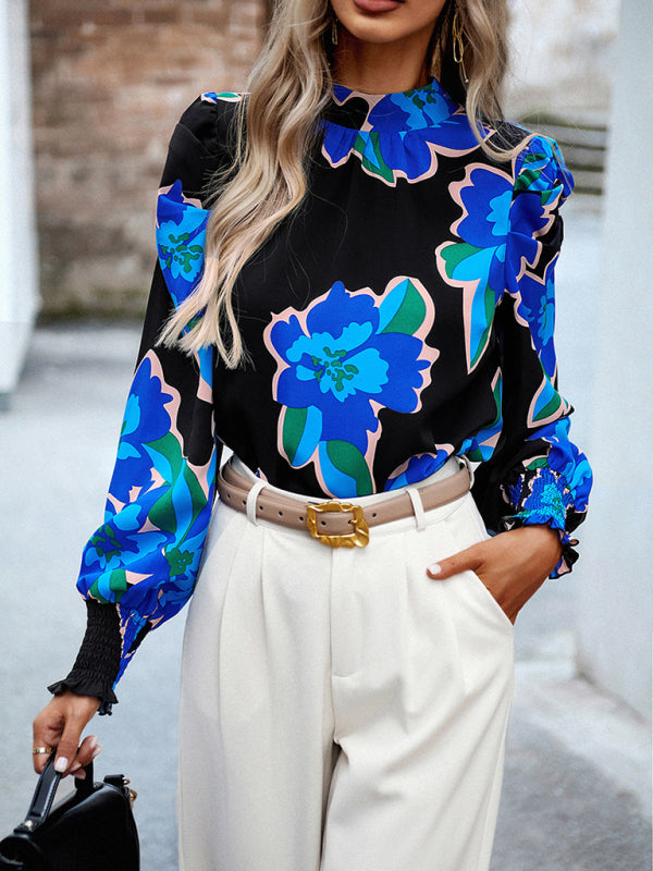 Blouses- Stand Collar Bow-Back Top | Floral Print and Long Puff Sleeves Blouse- - IndioGear Fashion and Gear