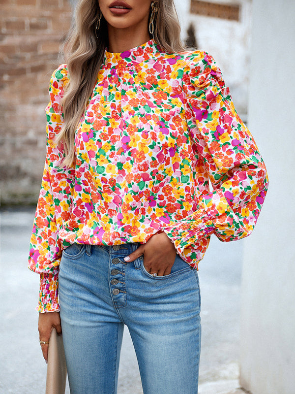 Blouses- Stand Collar Bow-Back Top | Floral Print and Long Puff Sleeves Blouse- Pink- IndioGear Fashion and Gear