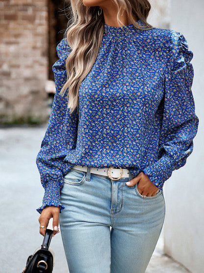 Blouses- Stand Collar Bow-Back Top | Floral Print and Long Puff Sleeves Blouse- Blue- IndioGear Fashion and Gear