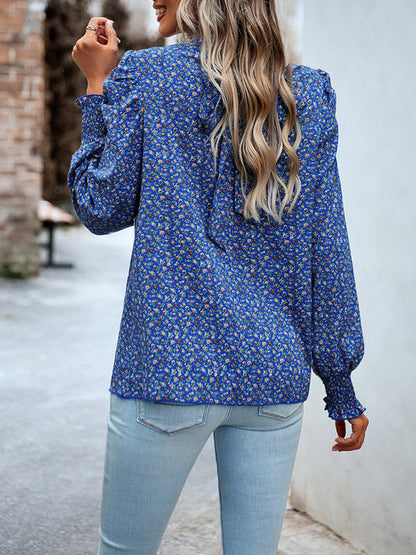 Blouses- Stand Collar Bow-Back Top | Floral Print and Long Puff Sleeves Blouse- - IndioGear Fashion and Gear