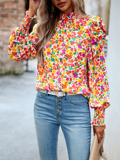 Blouses- Stand Collar Bow-Back Top | Floral Print and Long Puff Sleeves Blouse- - IndioGear Fashion and Gear