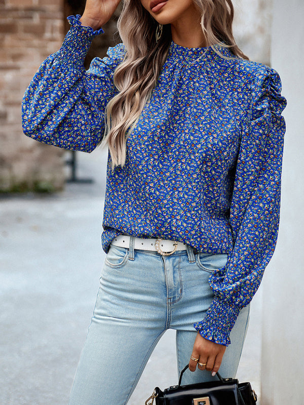 Blouses- Stand Collar Bow-Back Top | Floral Print and Long Puff Sleeves Blouse- - IndioGear Fashion and Gear