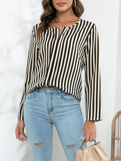 Blouses- Striped V-Neck Blouse with Long Sleeves- - IndioGear Fashion and Gear