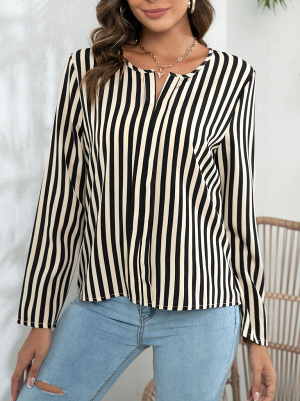 Blouses- Striped V-Neck Blouse with Long Sleeves- Cracker khaki- IndioGear Fashion and Gear