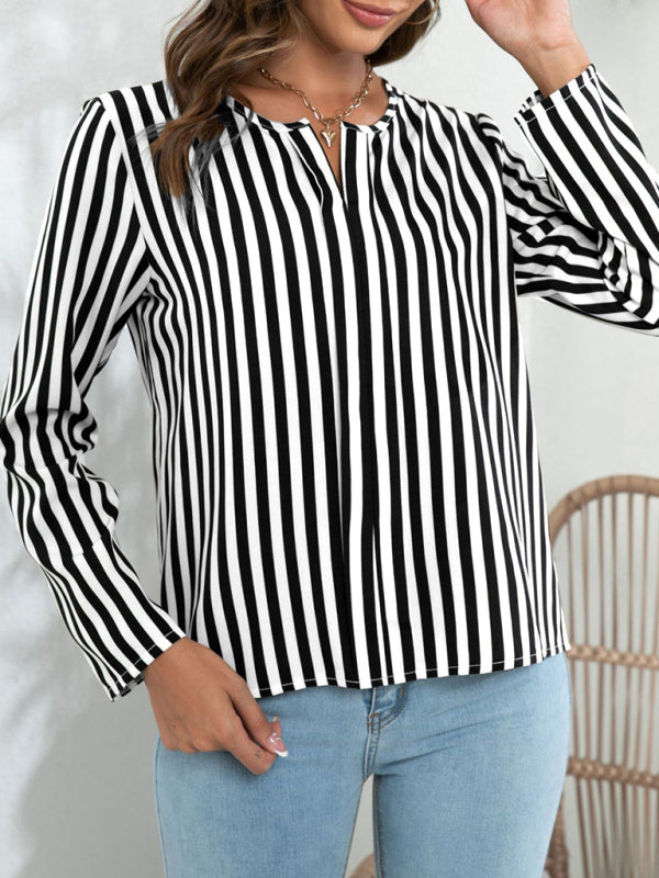 Blouses- Striped V-Neck Blouse with Long Sleeves- - IndioGear Fashion and Gear