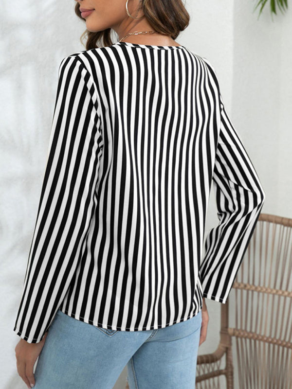 Blouses- Striped V-Neck Blouse with Long Sleeves- - IndioGear Fashion and Gear