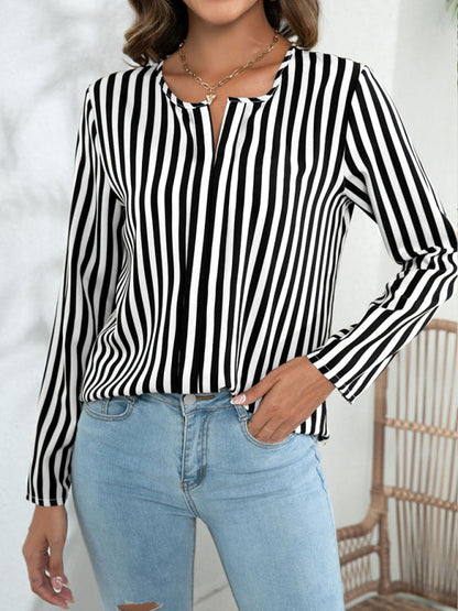 Blouses- Striped V-Neck Blouse with Long Sleeves- White- IndioGear Fashion and Gear