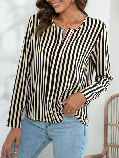 Blouses- Striped V-Neck Blouse with Long Sleeves- - IndioGear Fashion and Gear