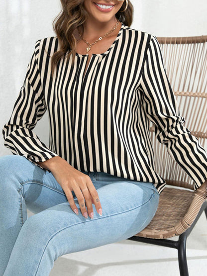 Blouses- Striped V-Neck Blouse with Long Sleeves- - IndioGear Fashion and Gear