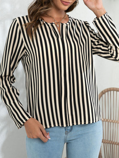 Blouses- Striped V-Neck Blouse with Long Sleeves- - IndioGear Fashion and Gear