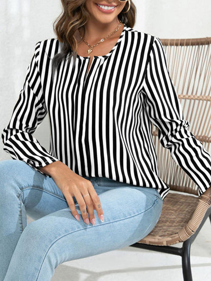 Blouses- Striped V-Neck Blouse with Long Sleeves- - IndioGear Fashion and Gear