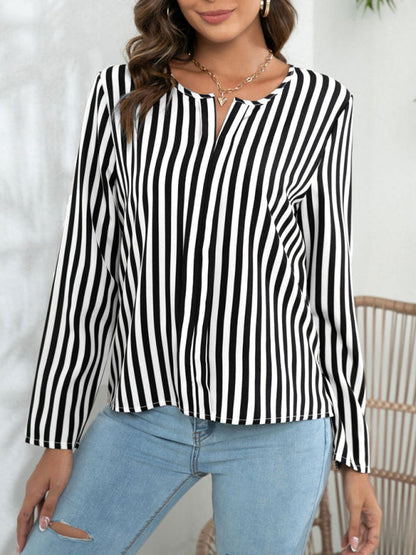 Blouses- Striped V-Neck Blouse with Long Sleeves- - IndioGear Fashion and Gear