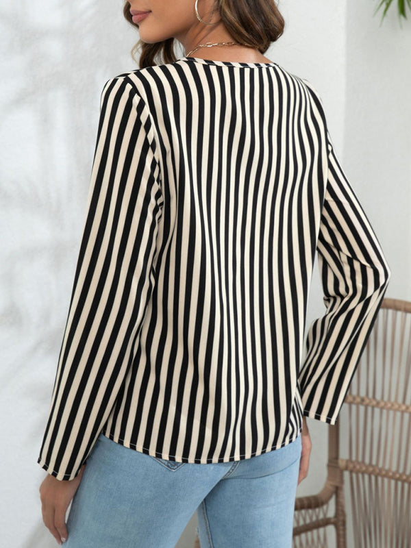 Blouses- Striped V-Neck Blouse with Long Sleeves- - IndioGear Fashion and Gear