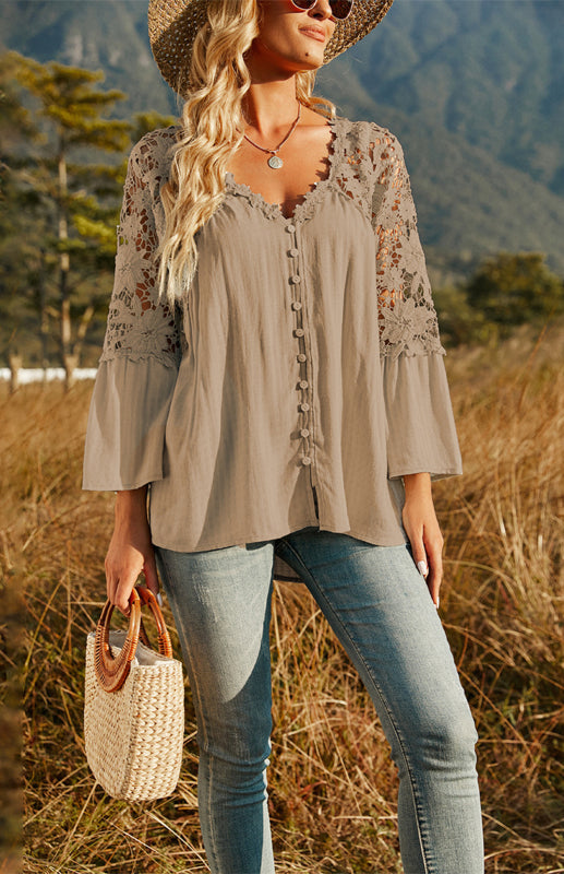 Blouses- Summer Blouse - Guipure Lace Top with 3/4 Sleeves- - IndioGear Fashion and Gear