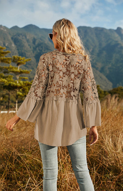 Blouses- Summer Blouse - Guipure Lace Top with 3/4 Sleeves- - IndioGear Fashion and Gear