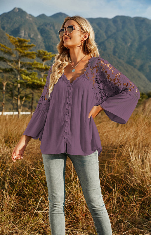 Blouses- Summer Blouse - Guipure Lace Top with 3/4 Sleeves- - IndioGear Fashion and Gear