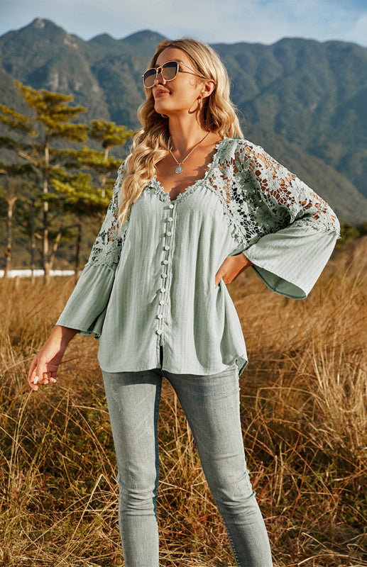 Blouses- Summer Blouse - Guipure Lace Top with 3/4 Sleeves- - IndioGear Fashion and Gear