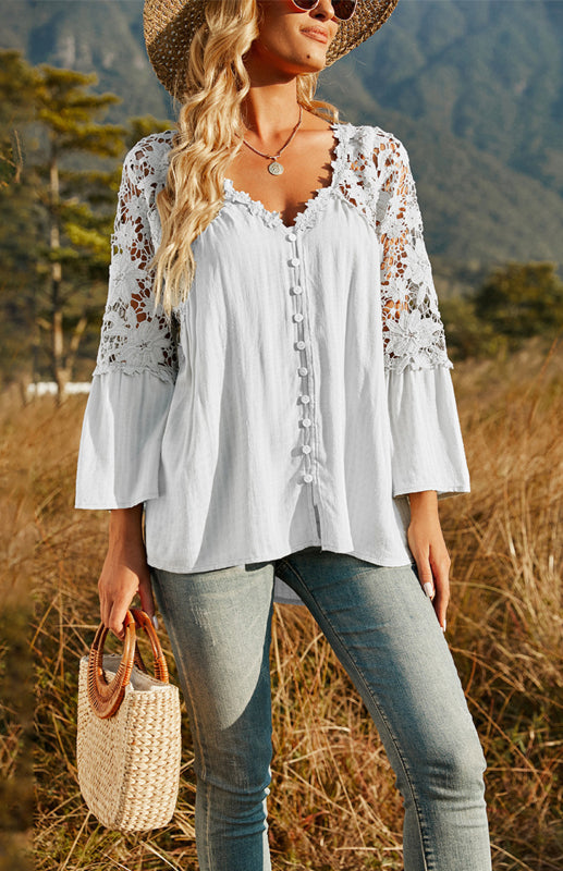 Blouses- Summer Blouse - Guipure Lace Top with 3/4 Sleeves- Raw white off white- IndioGear Fashion and Gear