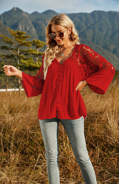 Blouses- Summer Blouse - Guipure Lace Top with 3/4 Sleeves- - IndioGear Fashion and Gear