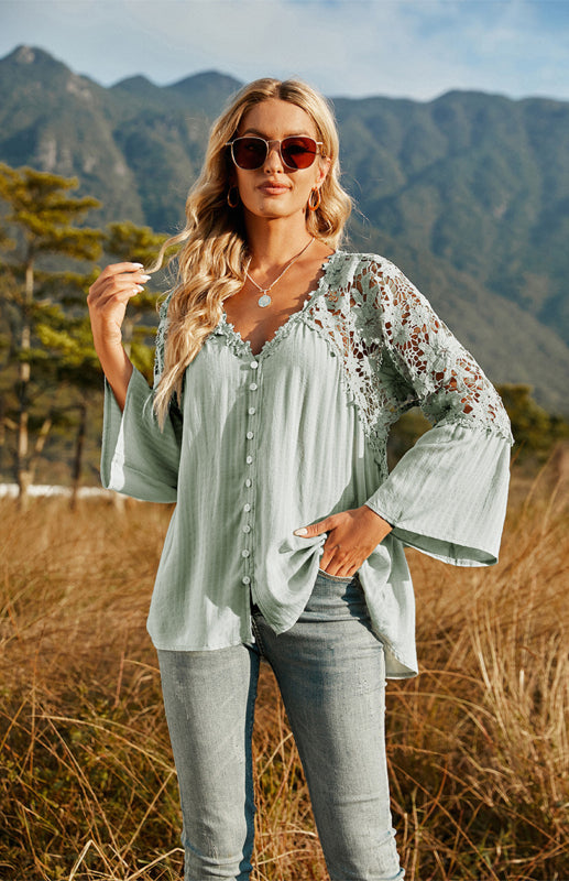 Blouses- Summer Blouse - Guipure Lace Top with 3/4 Sleeves- - IndioGear Fashion and Gear