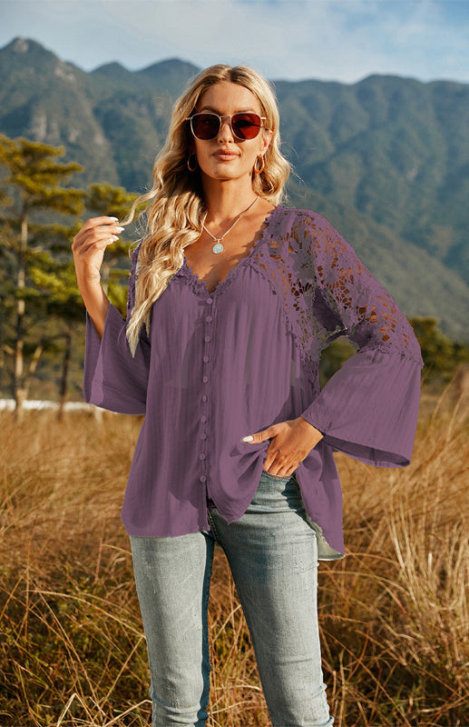 Blouses- Summer Blouse - Guipure Lace Top with 3/4 Sleeves- - IndioGear Fashion and Gear