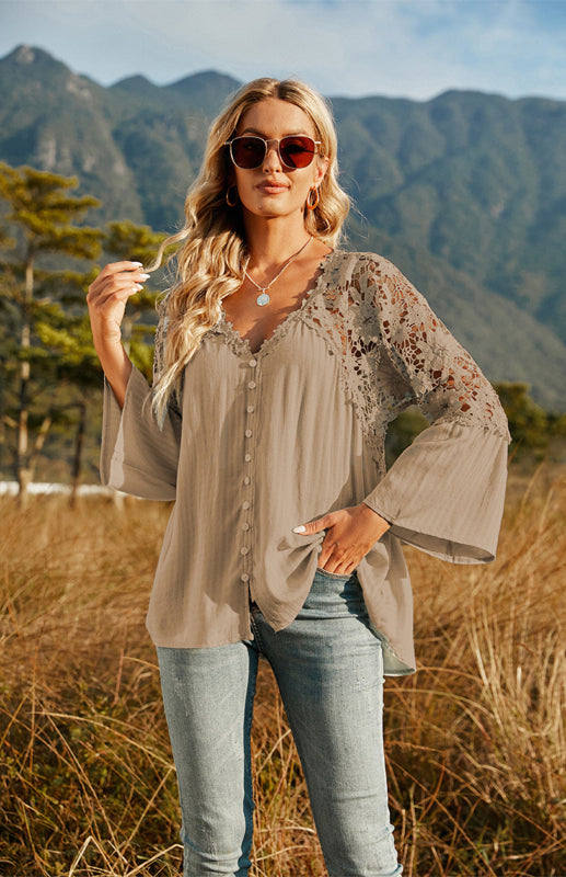 Blouses- Summer Blouse - Guipure Lace Top with 3/4 Sleeves- - IndioGear Fashion and Gear