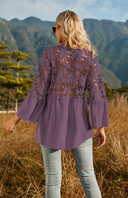 Blouses- Summer Blouse - Guipure Lace Top with 3/4 Sleeves- - IndioGear Fashion and Gear