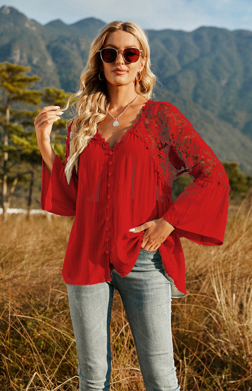 Blouses- Summer Blouse - Guipure Lace Top with 3/4 Sleeves- - IndioGear Fashion and Gear