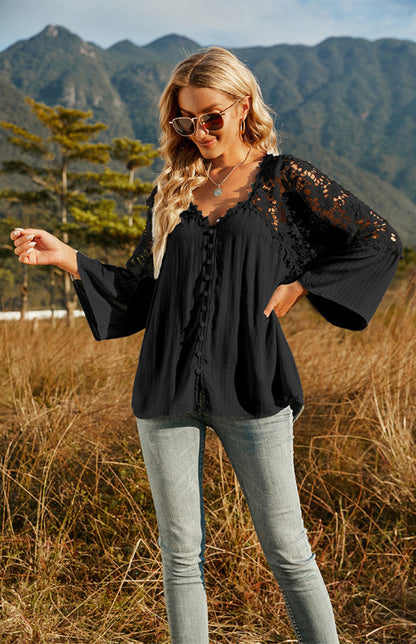 Blouses- Summer Blouse - Guipure Lace Top with 3/4 Sleeves- - IndioGear Fashion and Gear