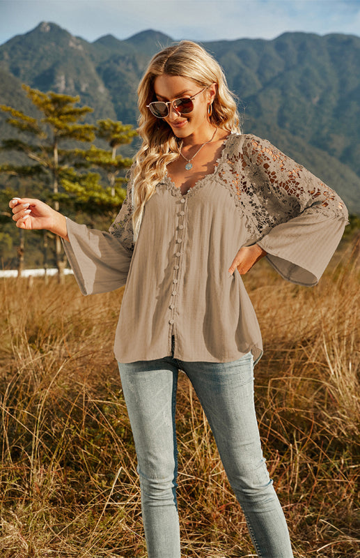 Blouses- Summer Blouse - Guipure Lace Top with 3/4 Sleeves- - IndioGear Fashion and Gear