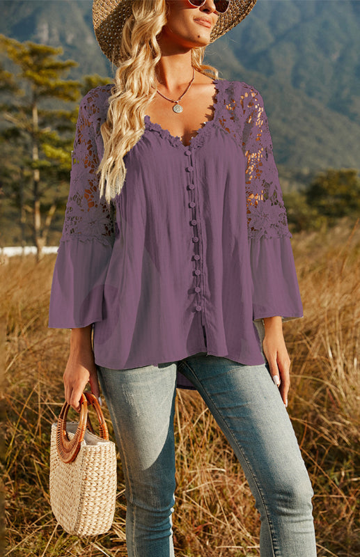 Blouses- Summer Blouse - Guipure Lace Top with 3/4 Sleeves- - IndioGear Fashion and Gear