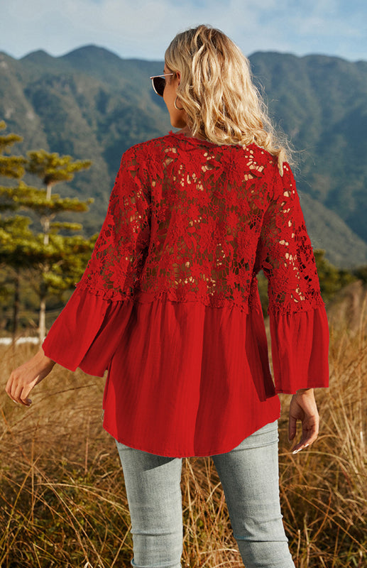 Blouses- Summer Blouse - Guipure Lace Top with 3/4 Sleeves- - IndioGear Fashion and Gear